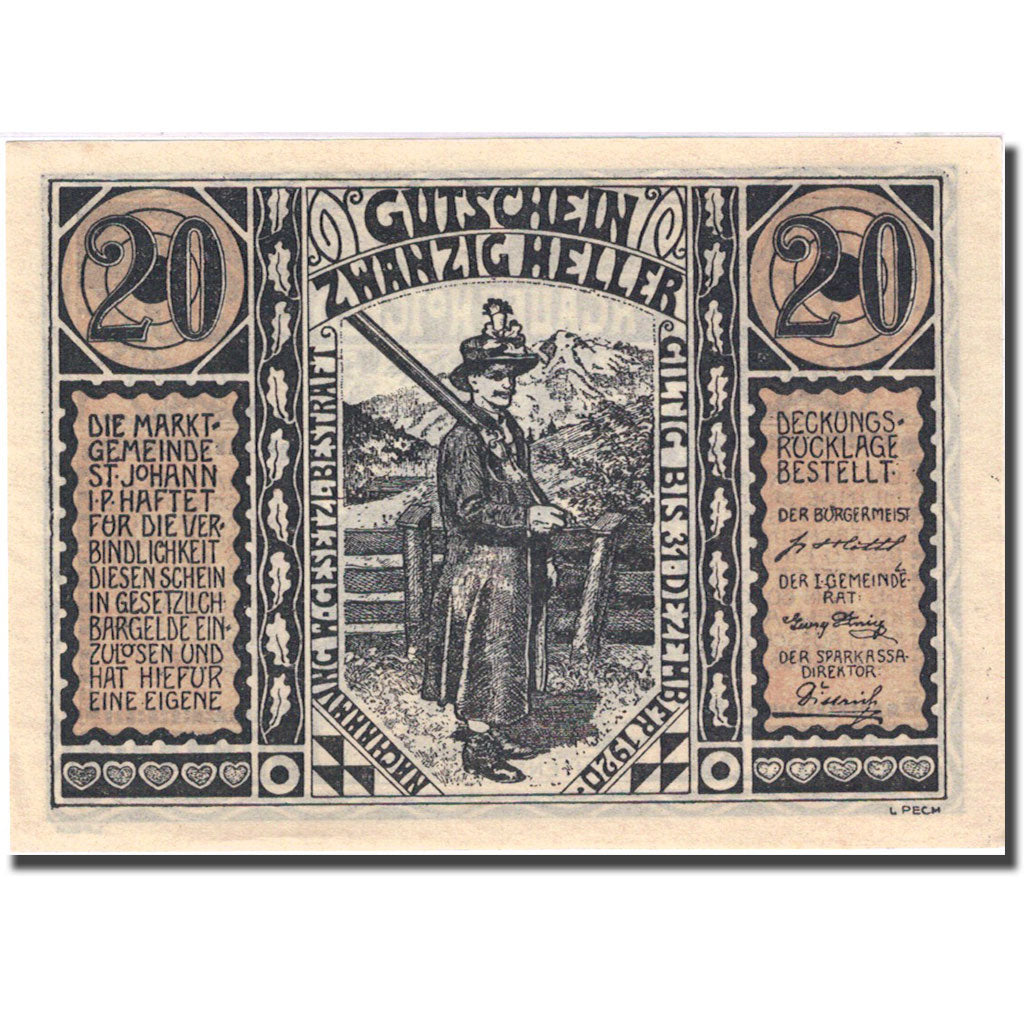 Banknote, Austria, St Johann, 20 Heller, chasseur 1920-12-31, UNC(63) FS 895a