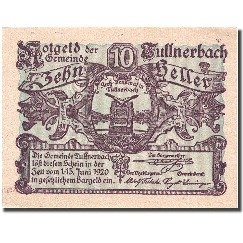 Banknote, Austria, Tullnerbach, 10 Heller, Monument, 1920 AU(55-58) FS 1084