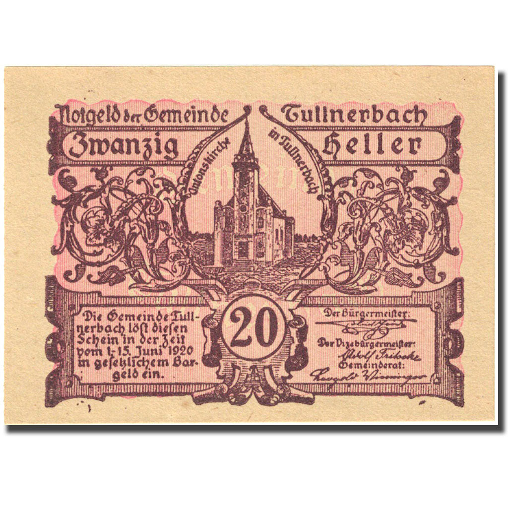 Banknote, Austria, Tullnerbach, 20 Heller, Eglise 1920-06-15 UNC(63) FS 1084