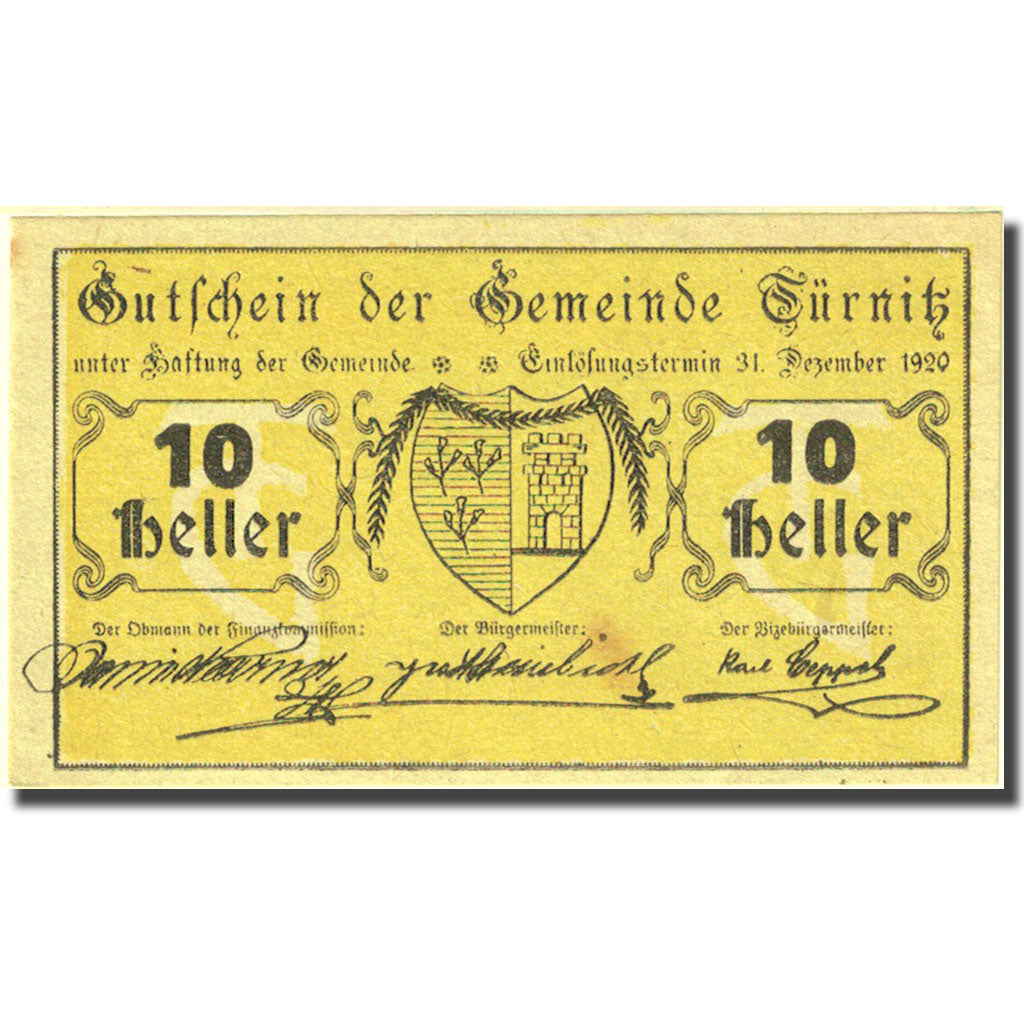 Banconote, Austria, Türnitz, 10 Heller, Blason 1920-12-31, SPL, Mehl:FS 1086a