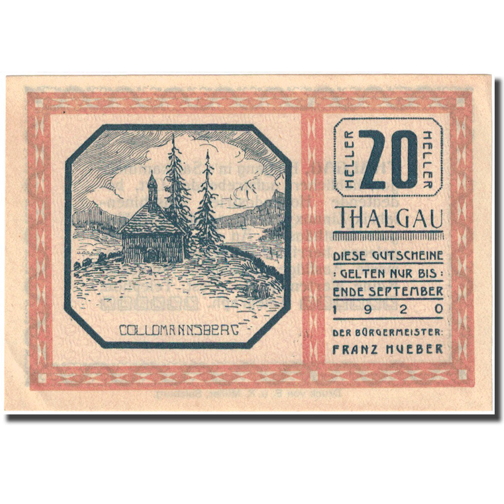 Banknote, Austria, Thalgau, 20 Heller, Eglise 1920-09-01 UNC(63) FS 1065a