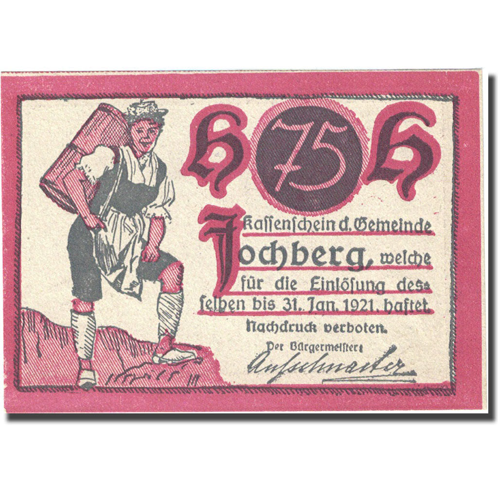 Banknote, Austria, Jochberg, 75 Heller, alpiniste 1921-01-31 UNC(63) FS 419b