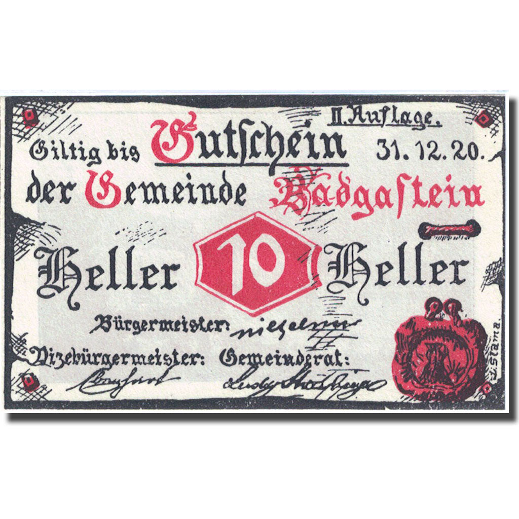 Banknote, Austria, Bad Gastein, 10 Heller, village 1920-12-31 UNC(63) FS 75IIa