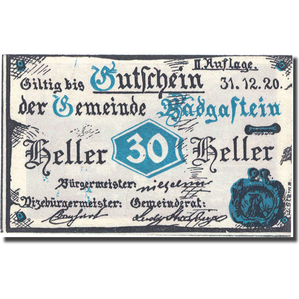 Banknote, Austria, Bad Gastein, 20 Heller, village 1920-12-31 UNC(63) FS 75IIa