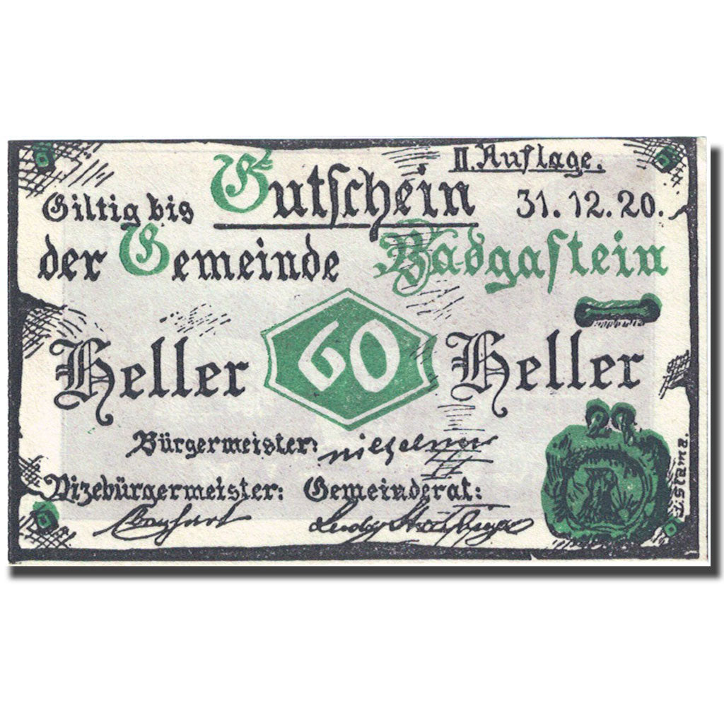 Banknote, Austria, Bad Gastein, 60 Heller, village 1920-12-31 UNC(63) FS 75IIa