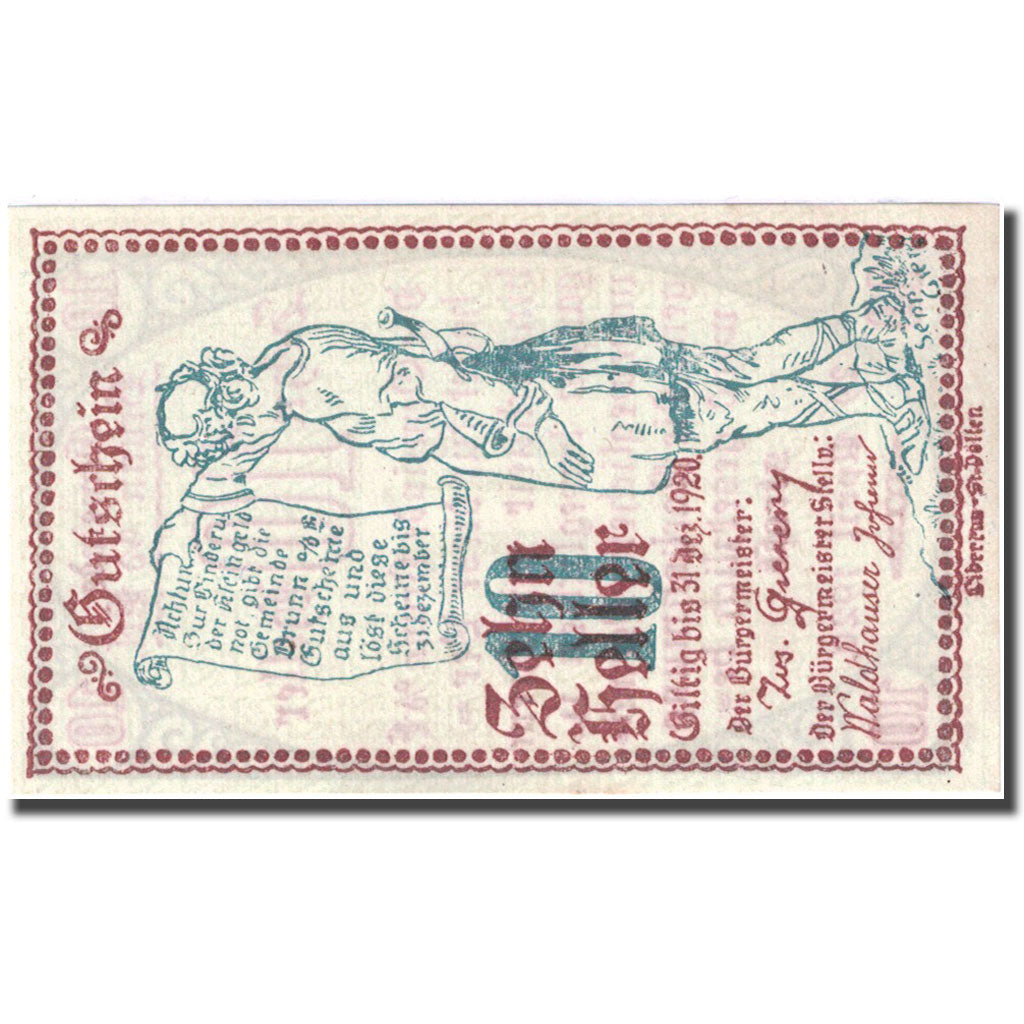 Banconote, Austria, Brunn, 10 Heller, personnage 1920-04-29, SPL, Mehl:FS 110a