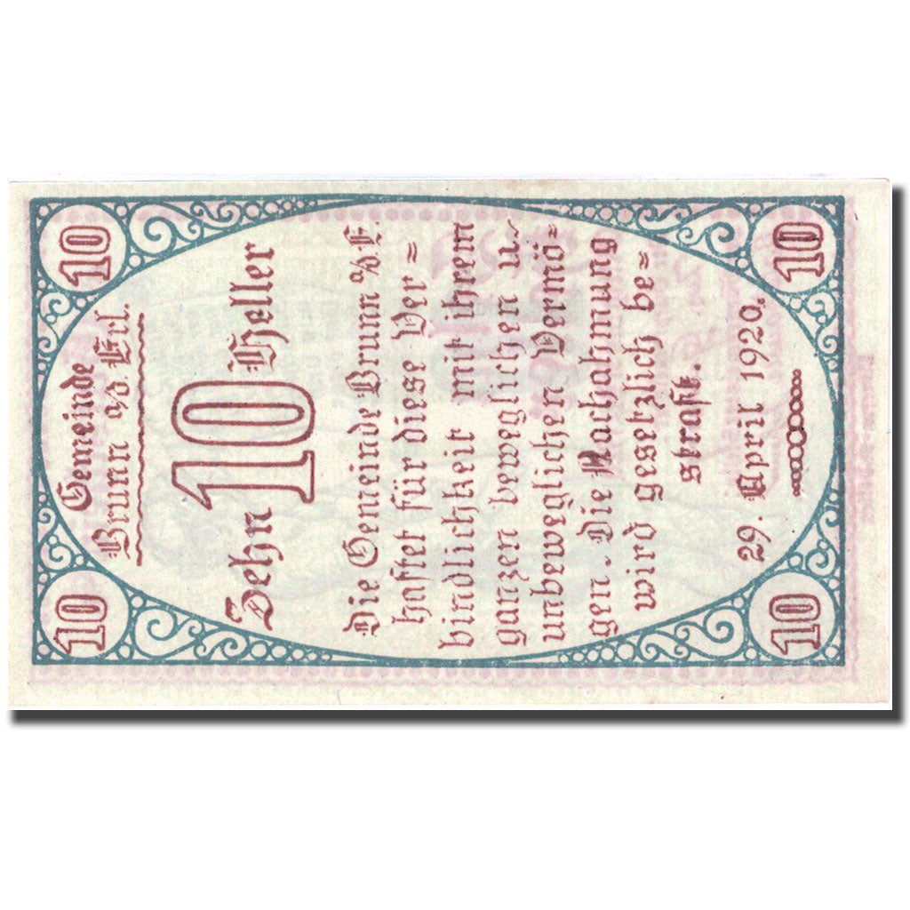 Banconote, Austria, Brunn, 10 Heller, personnage 1920-04-29, SPL, Mehl:FS 110a