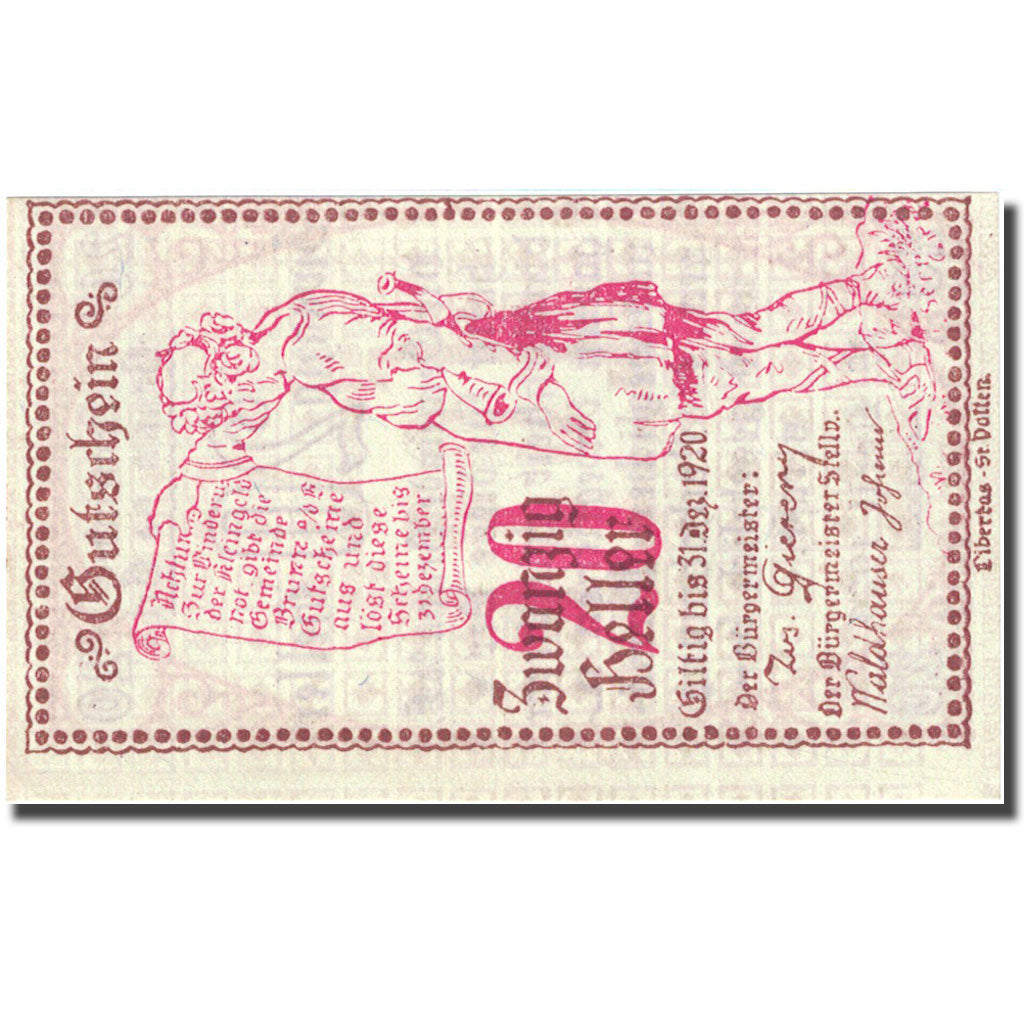 Banknote, Austria, Brunn, 20 Heller, personnage, 1920 UNC(63) FS 110a