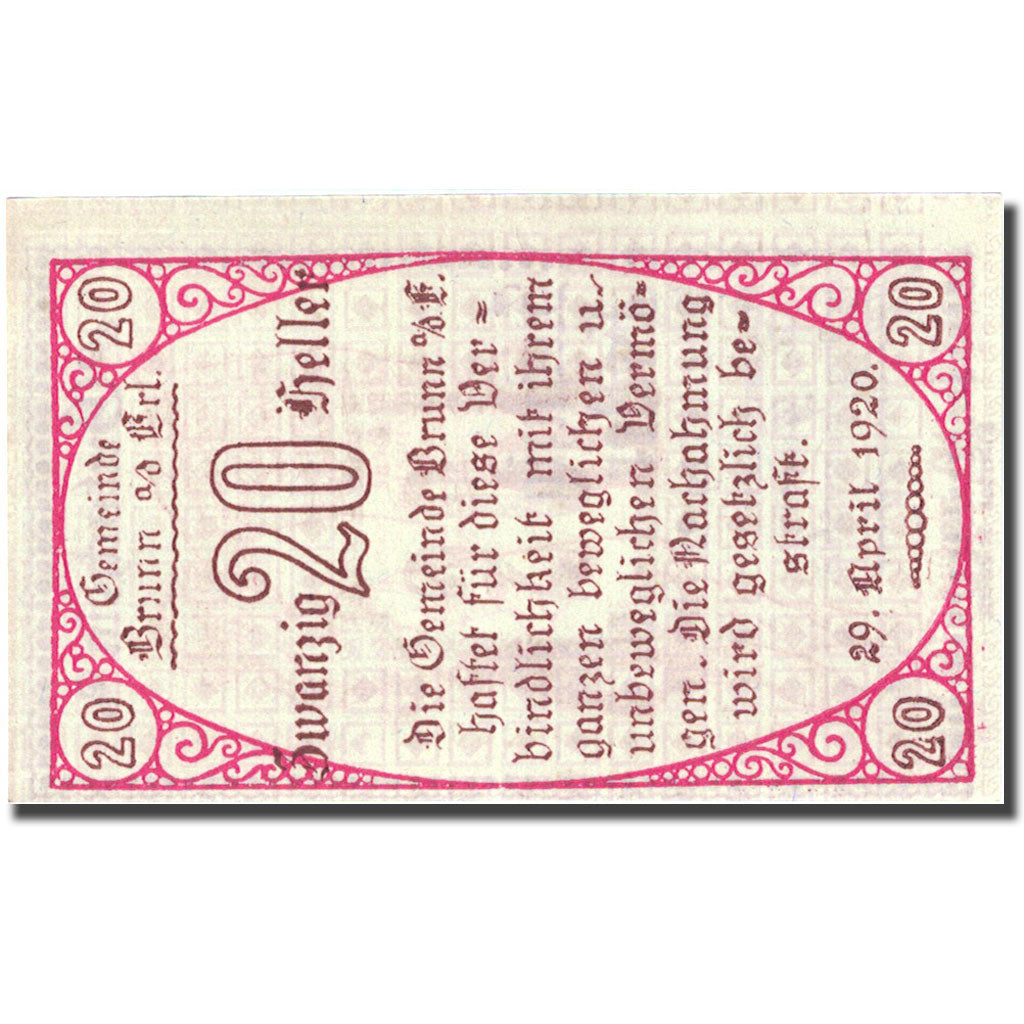 Banknote, Austria, Brunn, 20 Heller, personnage, 1920 UNC(63) FS 110a