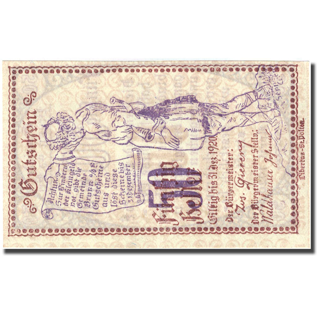 Banknote, Austria, Brunn, 50 Heller, personnage, 1920 UNC(63) FS 110a