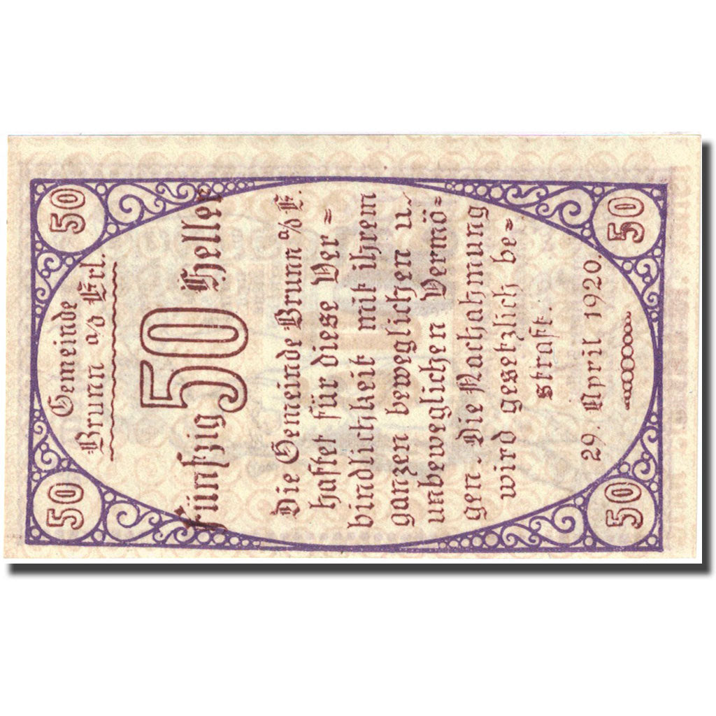 Banknote, Austria, Brunn, 50 Heller, personnage, 1920 UNC(63) FS 110a