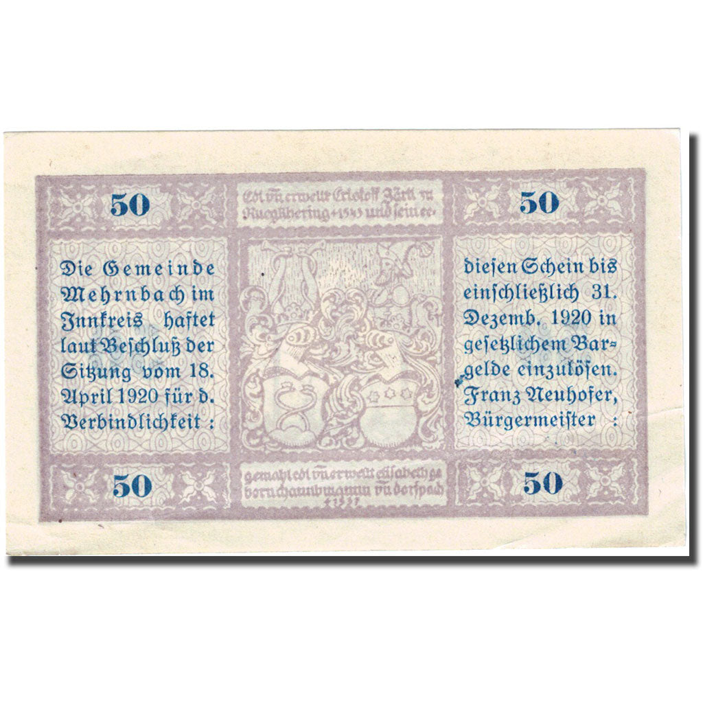 Banknote, Austria, Mehrnbach, 50 Heller, Monument 1920-12-31, AU(50-53) FS 604.3