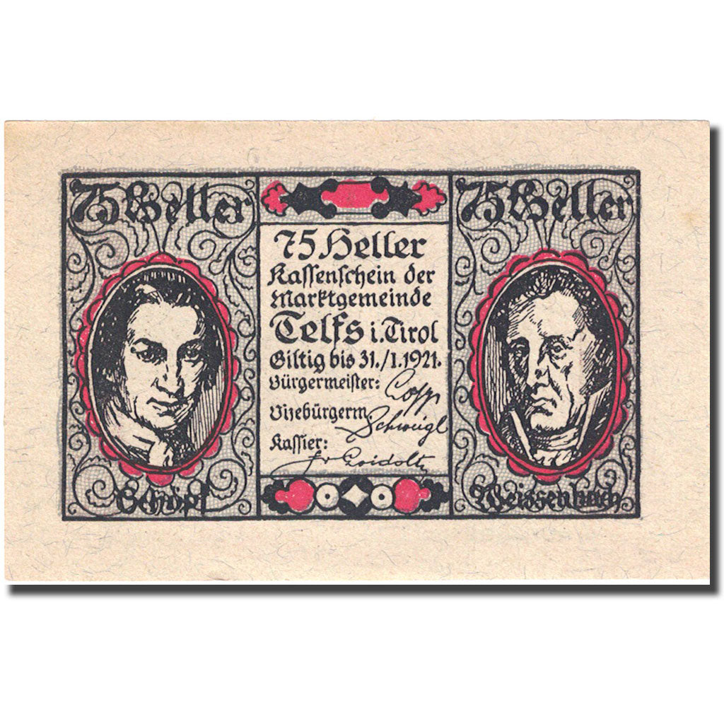 Banknote, Austria, Telfs, 75 Heller, personnage 1921-01-31 UNC(63) FS 1061a