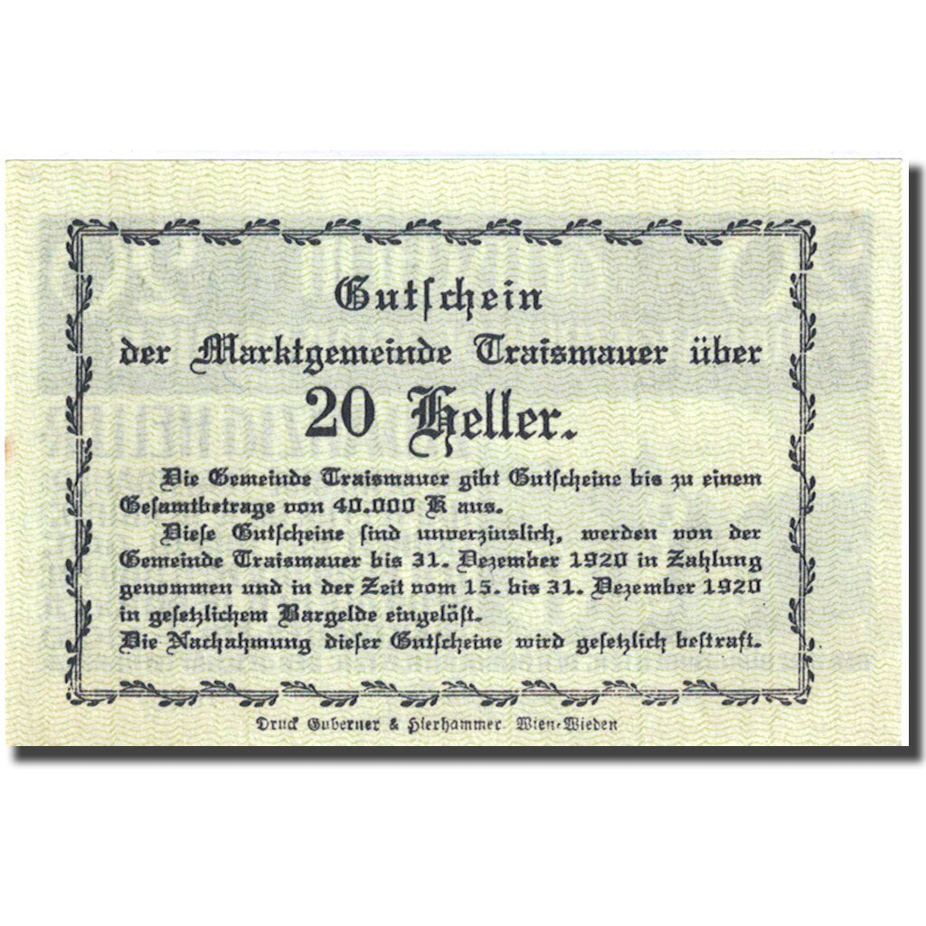 Banknote, Austria, Traismauer, 20 Heller, château 1920-12-31 UNC(63) FS 1078I