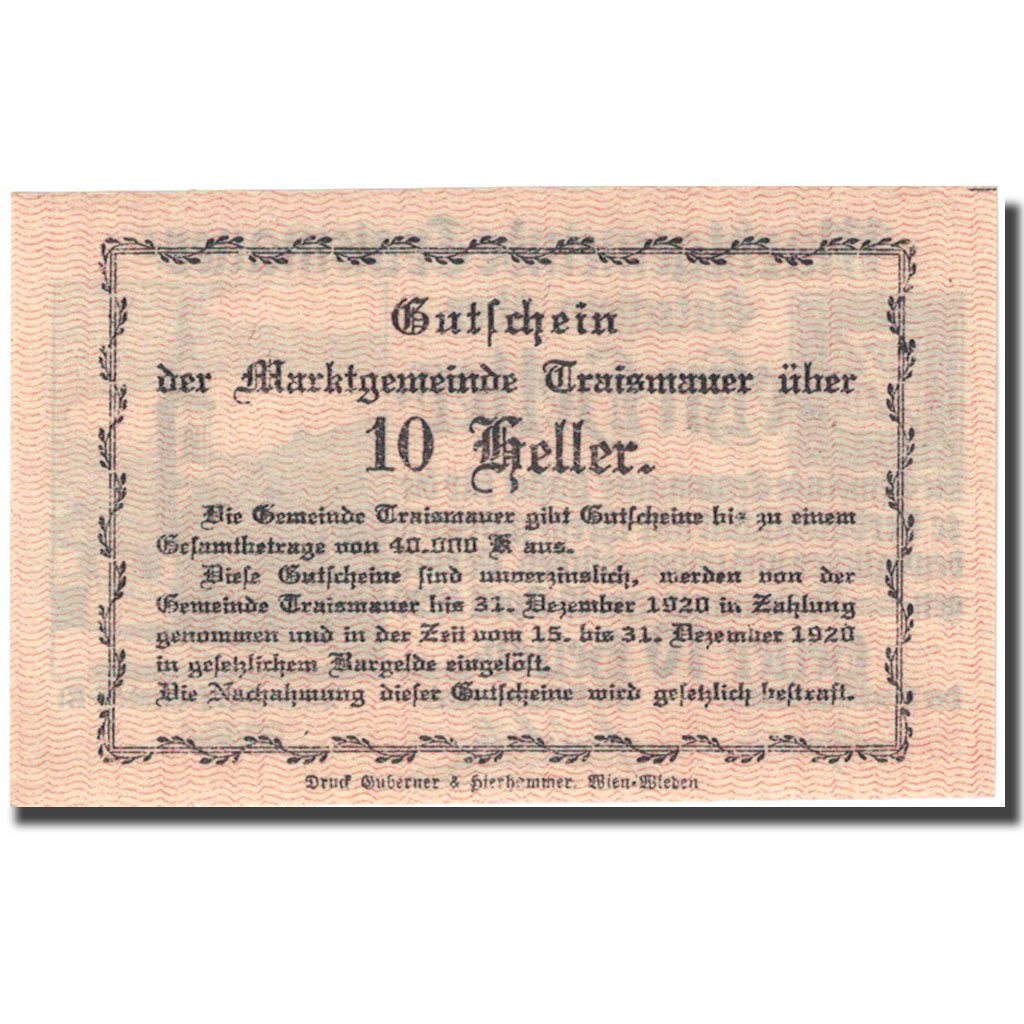 Banknote, Austria, Traismauer, 10 Heller, Eglise 1920-12-31, UNC(63) FS 1078I