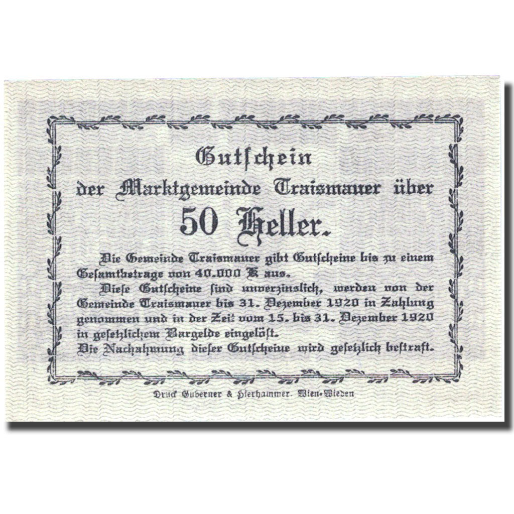 Banknote, Austria, Traismauer, 50 Heller, village 1920-12-31, UNC(63) FS 1078I