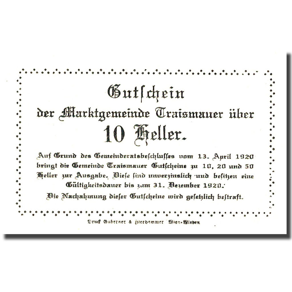 Banknote, Austria, Traismauer, 10 Heller, château 1920-12-31, UNC(63) FS 1078II