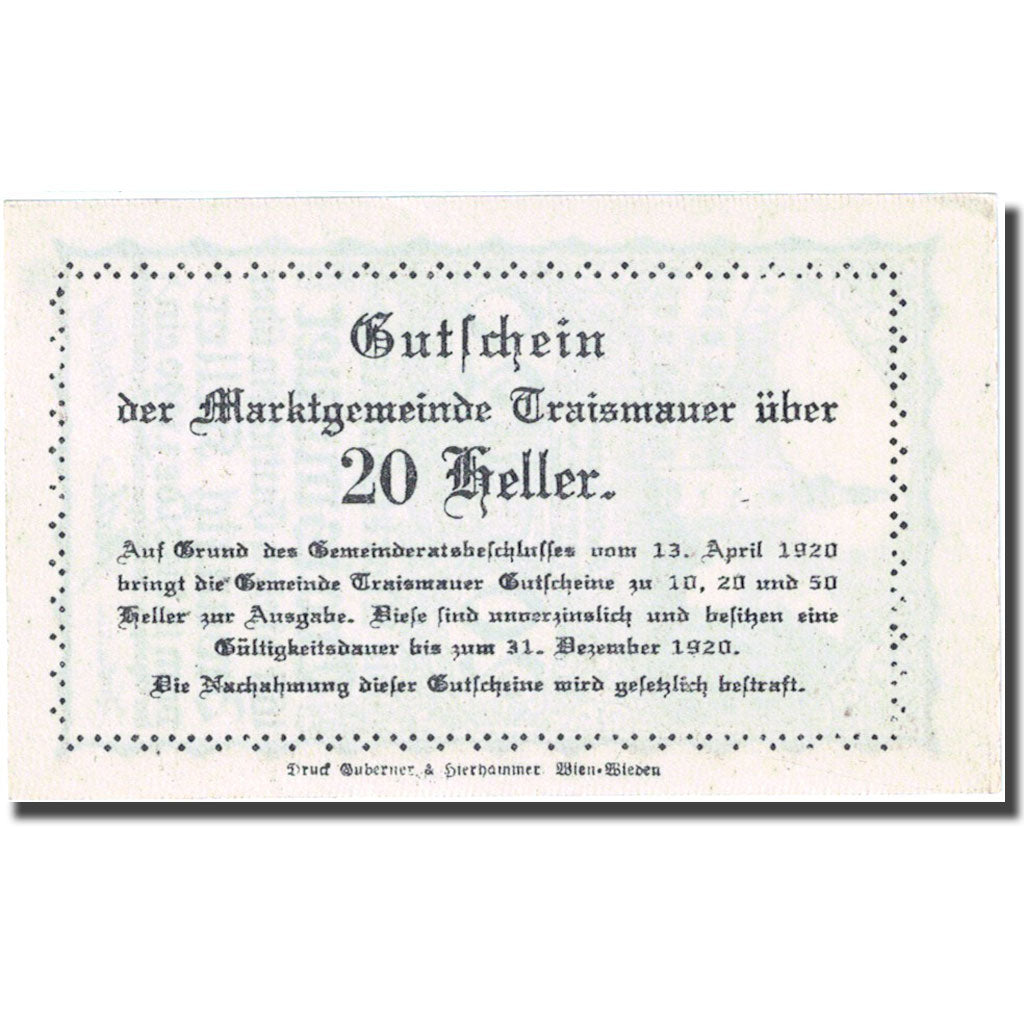 Banknote, Austria, Traismauer, 20 Heller, village 1920-12-31, UNC(63) FS 1078II