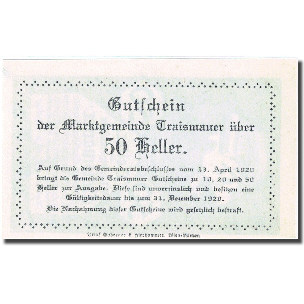 Banknote, Austria, Traismauer, 50 Heller, village, 1920-12-31, UNC(63) FS 1078II