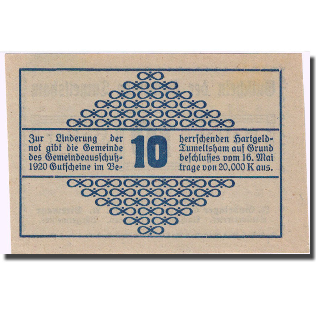 Banknote, Austria, Tumeltsham, 10 Heller, valeur faciale 1920 UNC(63) FS 1085Ib