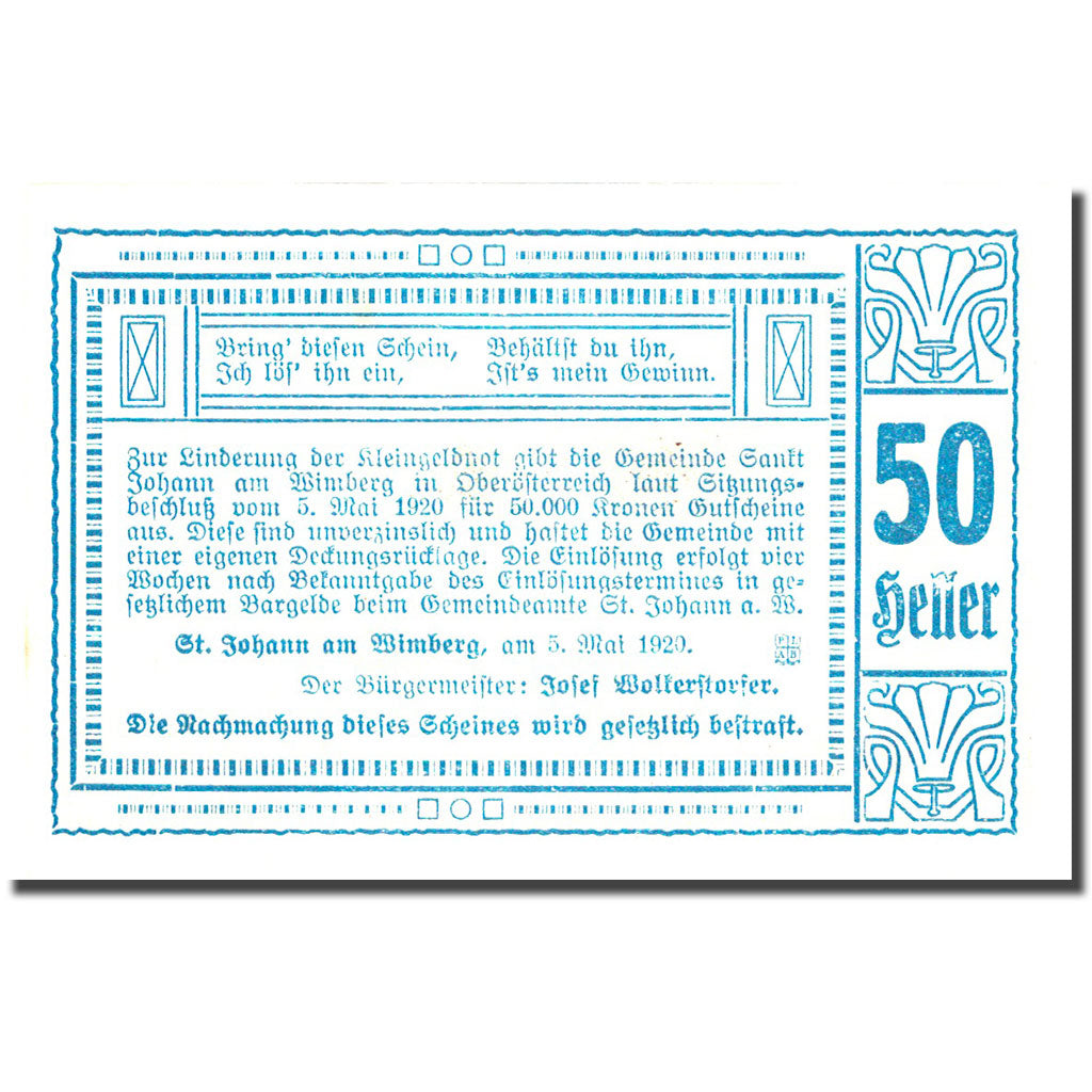 Banknote, Austria, St Johann, 50 Heller, Eglise 1920-05-05, UNC(63) FS 894aa