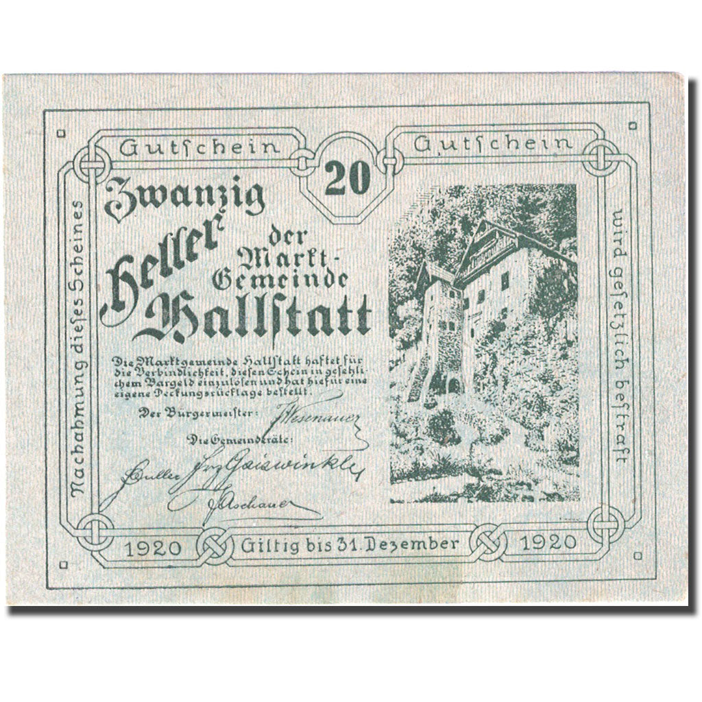 Banknote, Austria, Hallstatt, 20 Heller, château, 1920, 1920-12-31, UNC(60-62)