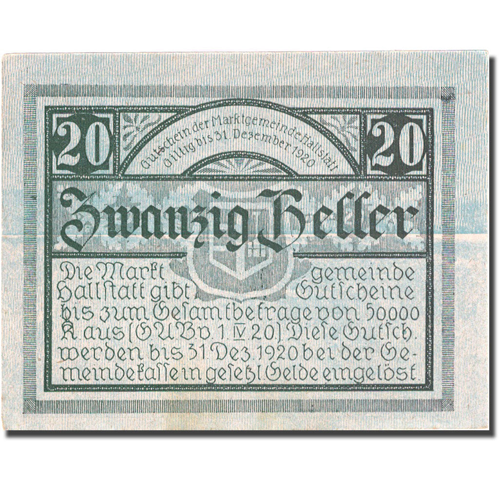 Banknote, Austria, Hallstatt, 20 Heller, château, 1920, 1920-12-31, UNC(60-62)