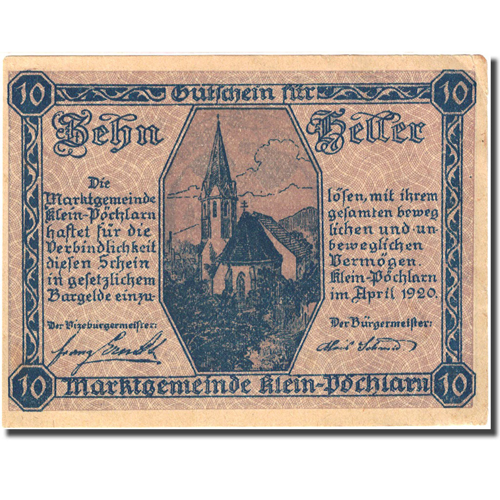 Banknote, Austria, Klein-Pochlarn, 10 Heller Eglise 1920 EF (40-45) Mehl:FS 457a