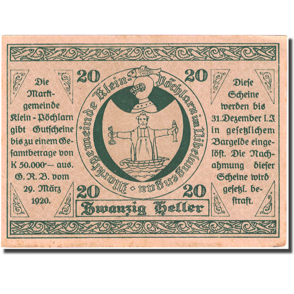 Banknote, Austria, Klein-Pochlarn 20 Heller Eglise 1920 AU(55-58) Mehl: FS 457a