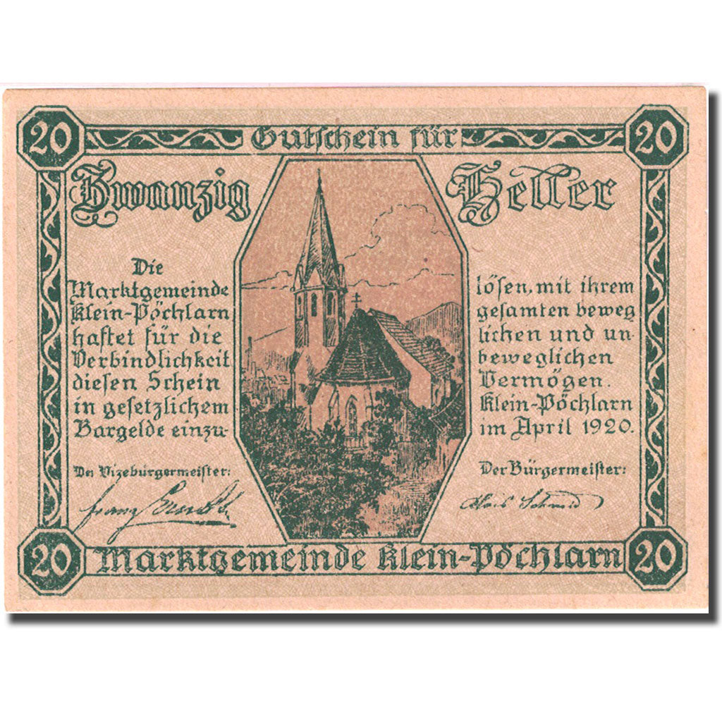 Banknote, Austria, Klein-Pochlarn, 20 Heller, Eglise, 1920 UNC(63) Mehl: FS 457a
