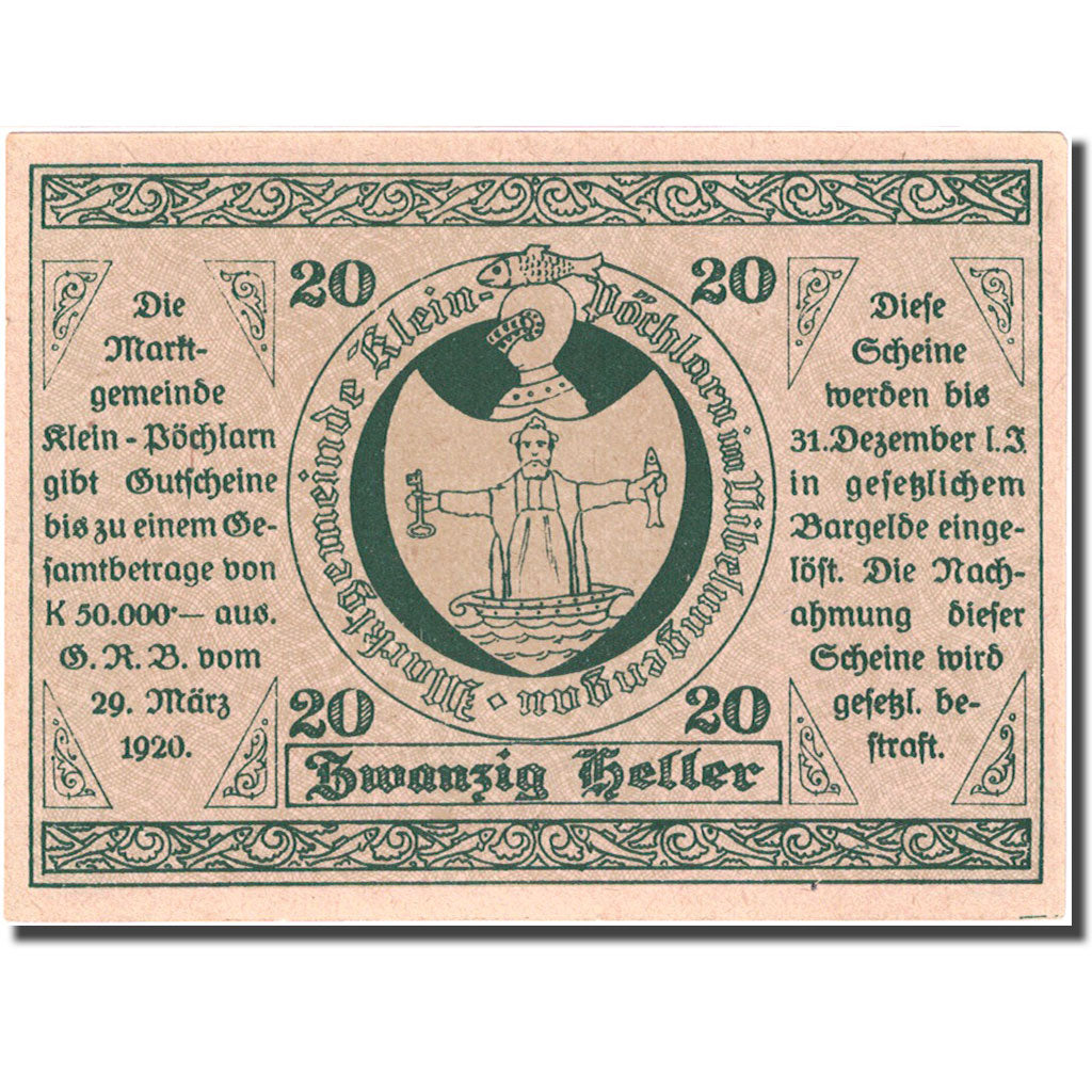 Banknote, Austria, Klein-Pochlarn, 20 Heller, Eglise, 1920 UNC(63) Mehl: FS 457a