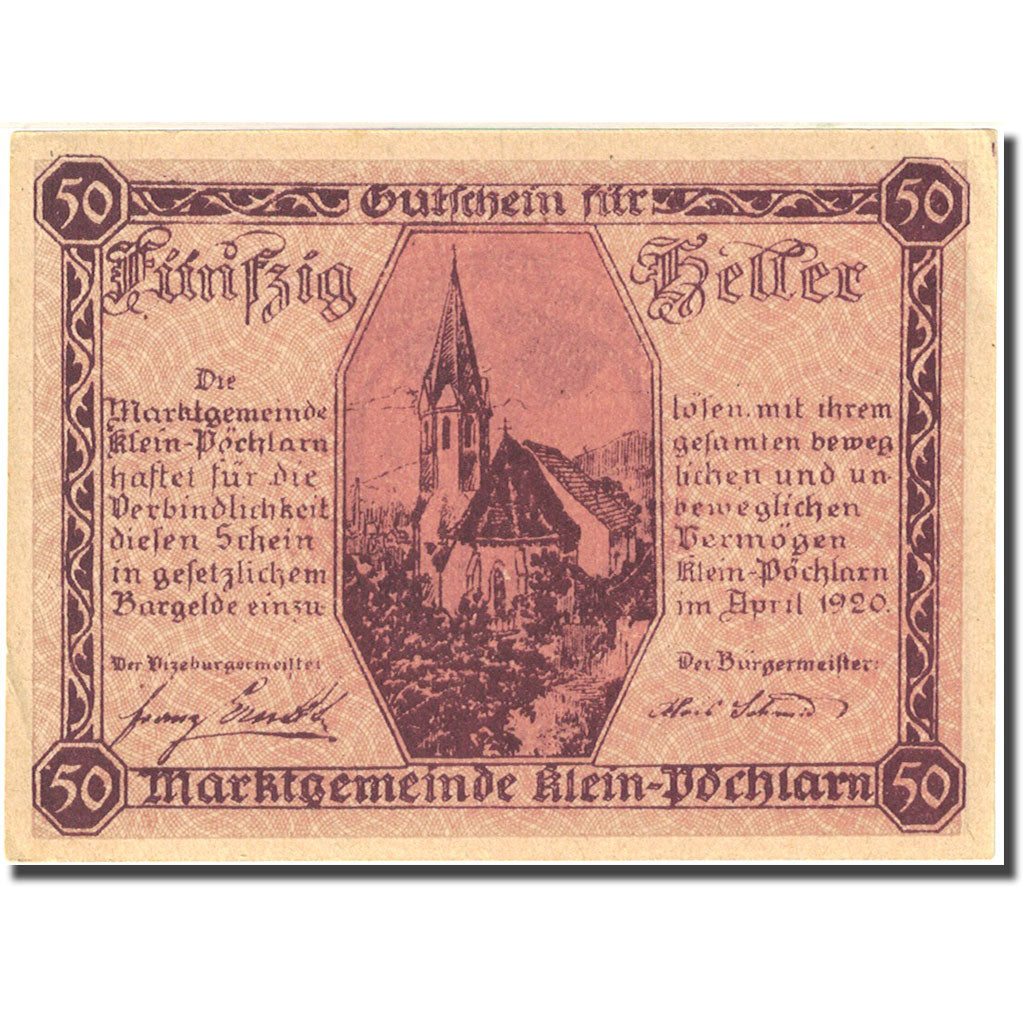 Banconote, Austria, Klein-Pochlarn, 50 Heller, Eglise 1920 SPL- Mehl: FS 457a