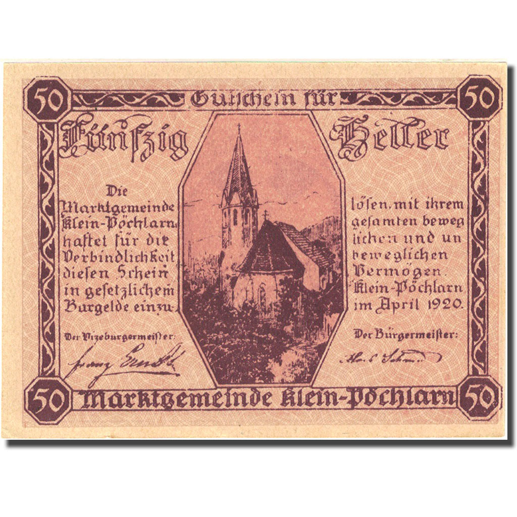 Banknote, Austria, Klein-Pochlarn, 50 Heller, Eglise, 1920 UNC(63) Mehl: FS 457a