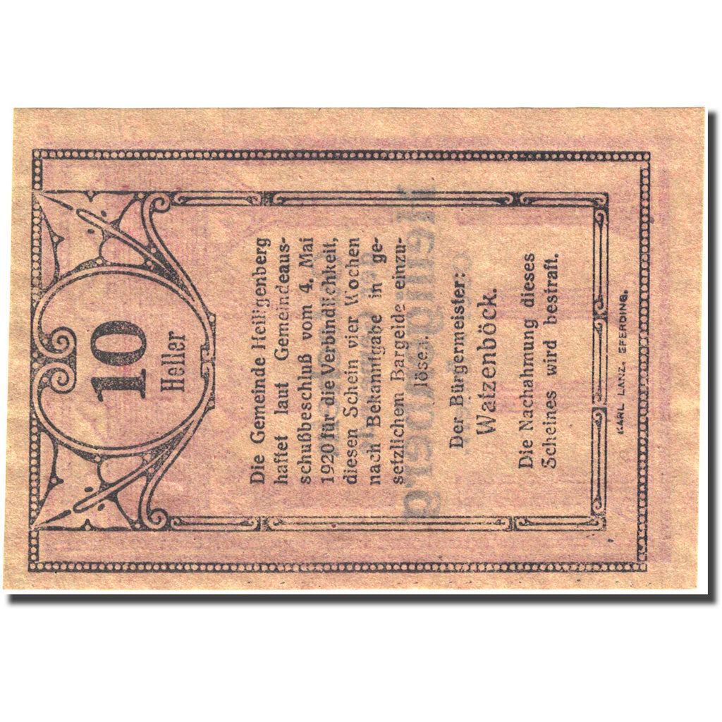 Banknote, Austria, Heiligenberg, 10 Heller, 1920 UNC(63) Mehl: FS 361Ia