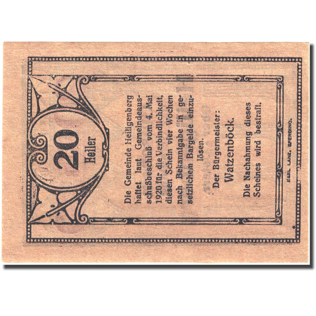 Banknote, Austria, Heiligenberg, 20 Heller 1920 AU(55-58) Mehl: FS 631Ia