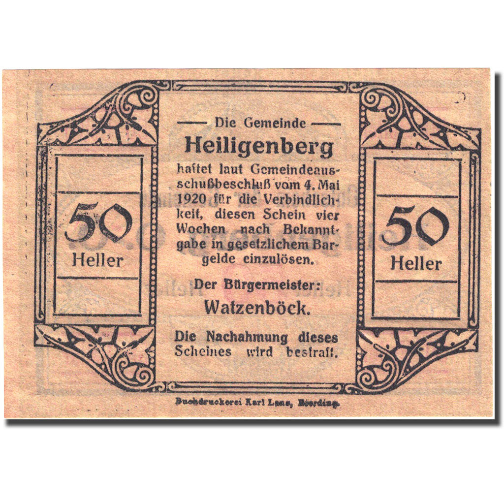 Banknote, Austria, Heiligenberg, 50 Heller 1920-05-04 UNC(63) Mehl:FS 361Ia