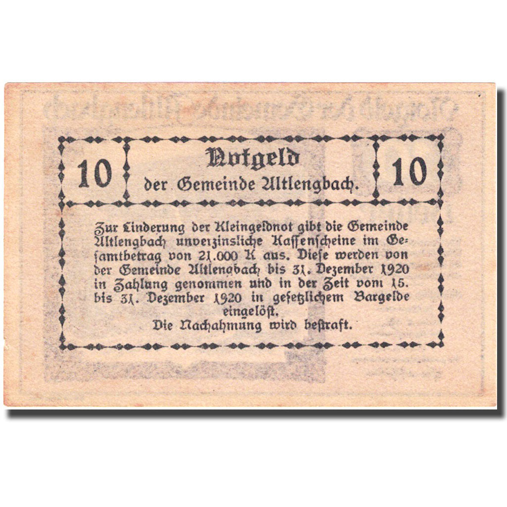 Banknote, Austria, Altlengbach, 10 Heller, village, 1920 AU(55-58) Mehl: FS 33a
