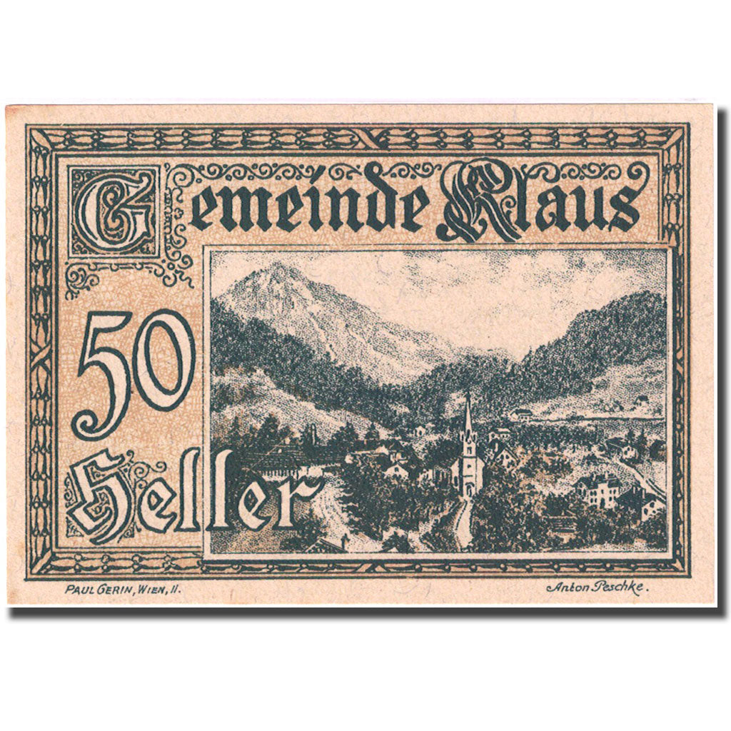 Banknote, Austria, Klaus, 50 Heller, montagne 1920 UNC(64) yellow Mehl: FS 4541b