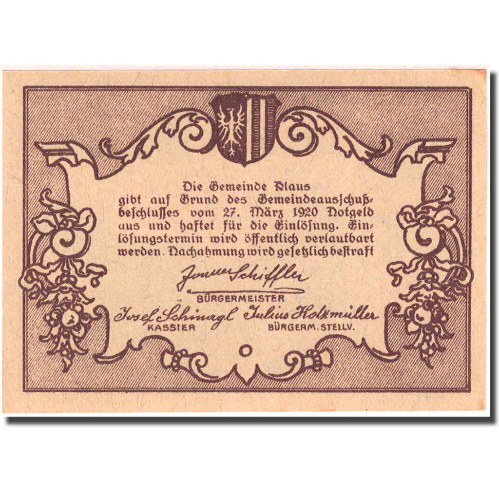 Banknote, Austria, Klaus, 50 Heller, montagne 1920 UNC(64) yellow Mehl: FS 4541b