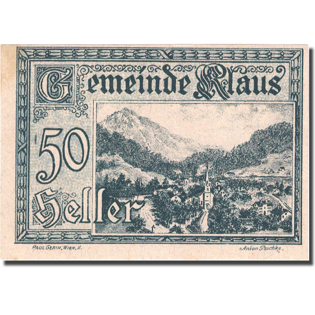 Banknote, Austria, Klaus, 50 Heller, montagne, 1920 green UNC(63) Mehl: FS 4541a