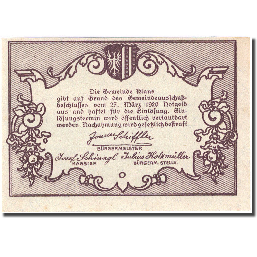 Banknote, Austria, Klaus, 50 Heller, montagne, 1920 green UNC(63) Mehl: FS 4541a