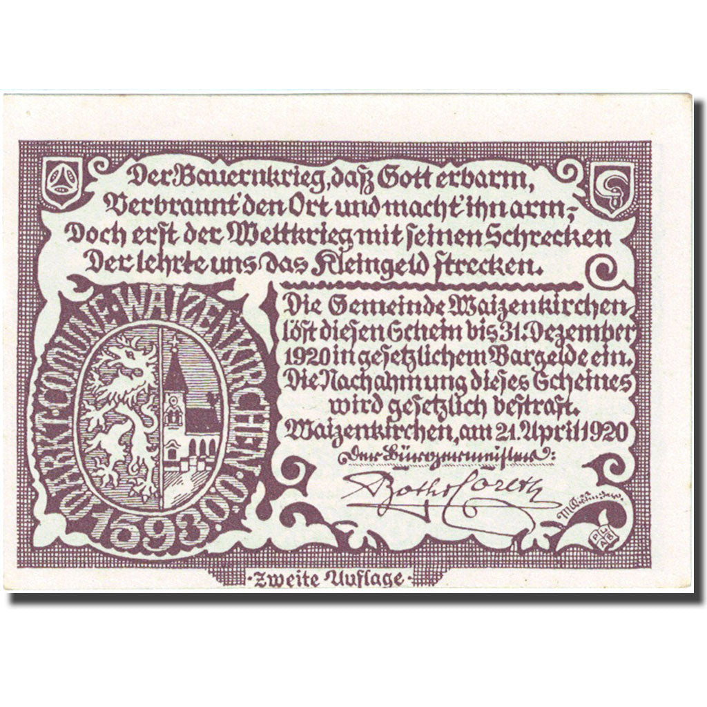 Banknote, Austria, Waizenkirchen, 50 Heller, village 1920 UNC(63) Mehl: FS 1128b
