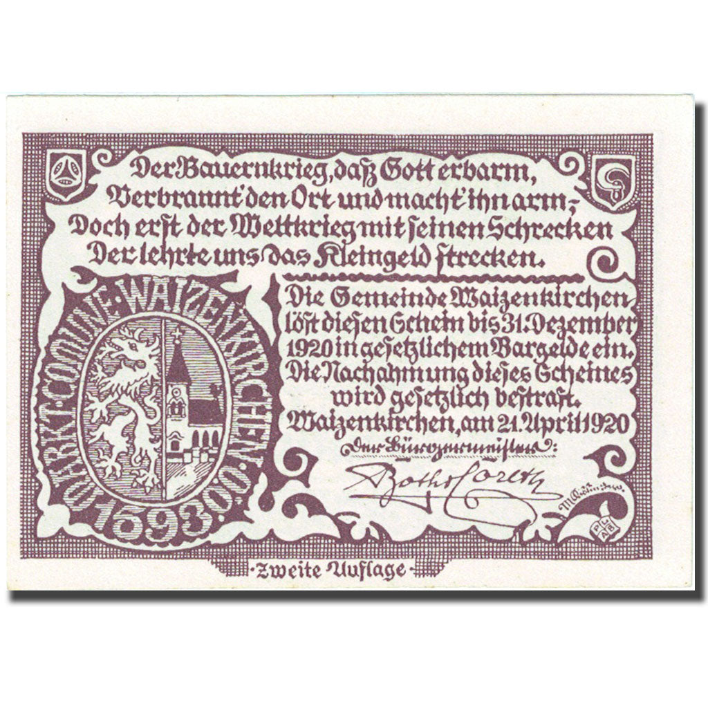 Banknote, Austria, Waizenkirchen, 50 Heller, village 1920 UNC(64) Mehl: FS 1128b