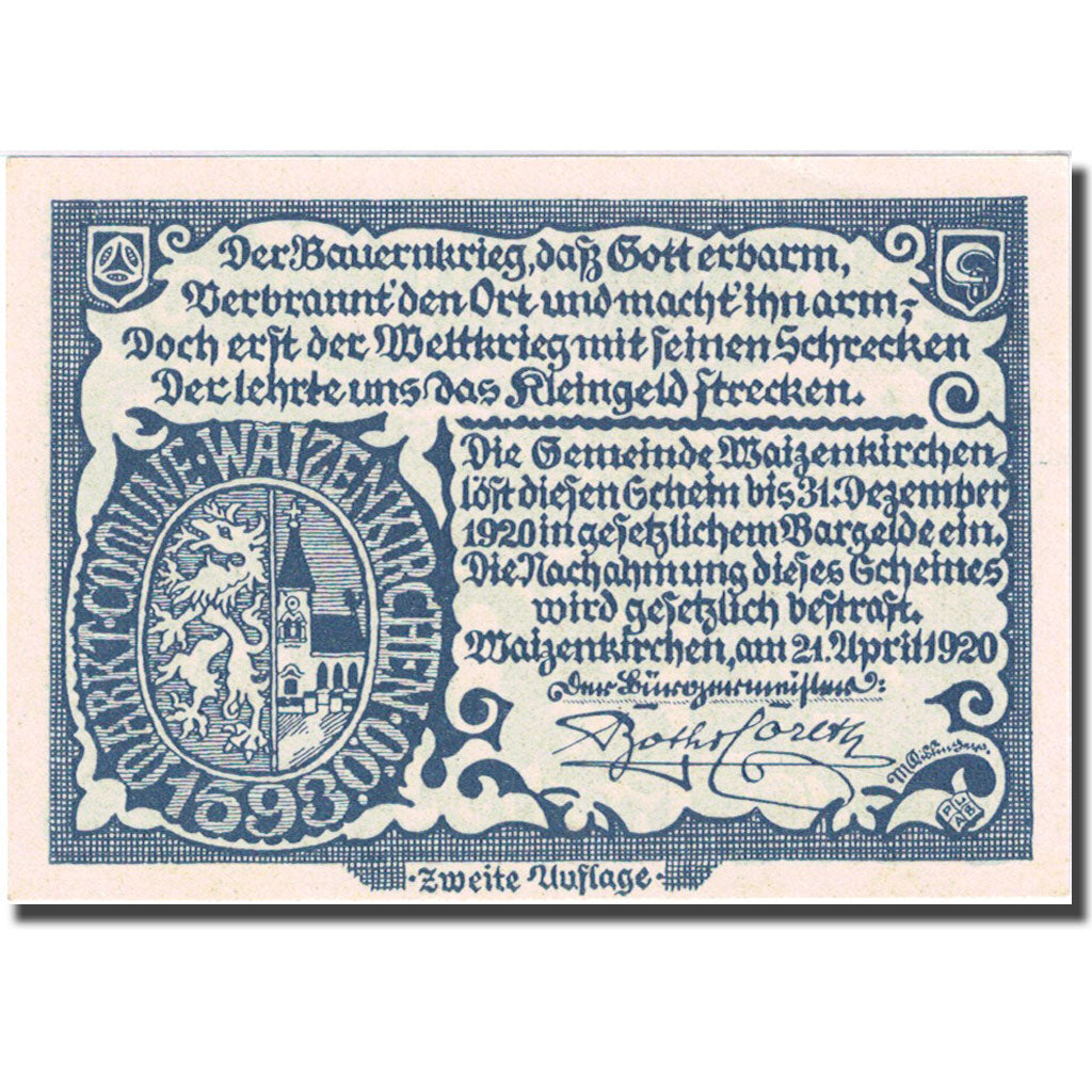 Banknote, Austria, Waizenkirchen, 20 Heller, village 1920 UNC(63) Mehl: FS 1128b