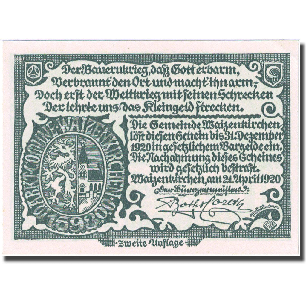 Banknote, Austria, Waizenkirchen, 10 Heller, château, 1920 UNC(63) Mehl:FS 1128b