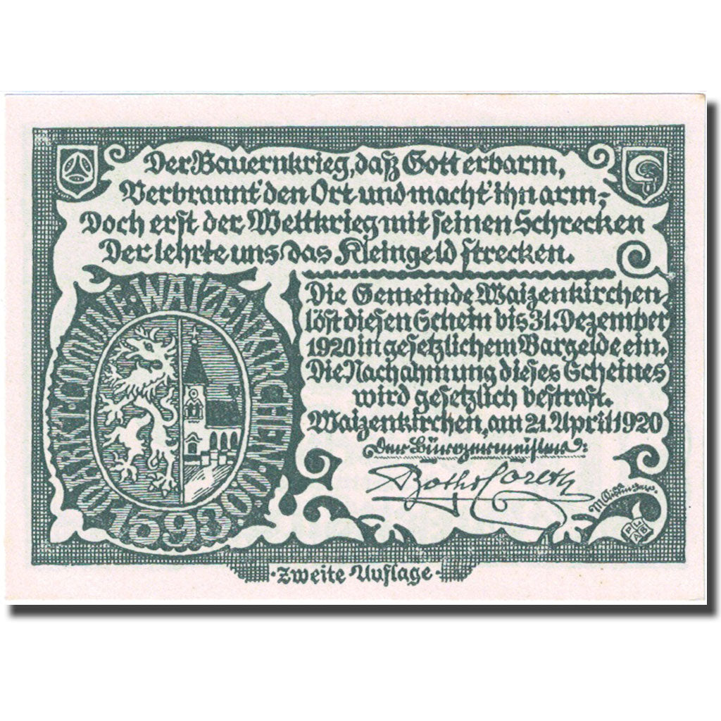 Banknote, Austria, Waizenkirchen, 10 Heller, château, 1920 UNC(64) Mehl:FS 1128b
