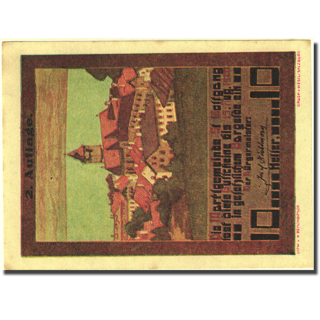 Banconote, Austria, St Wolfgang, 10 Heller, village, 1920 SPL Mehl:FS 947a