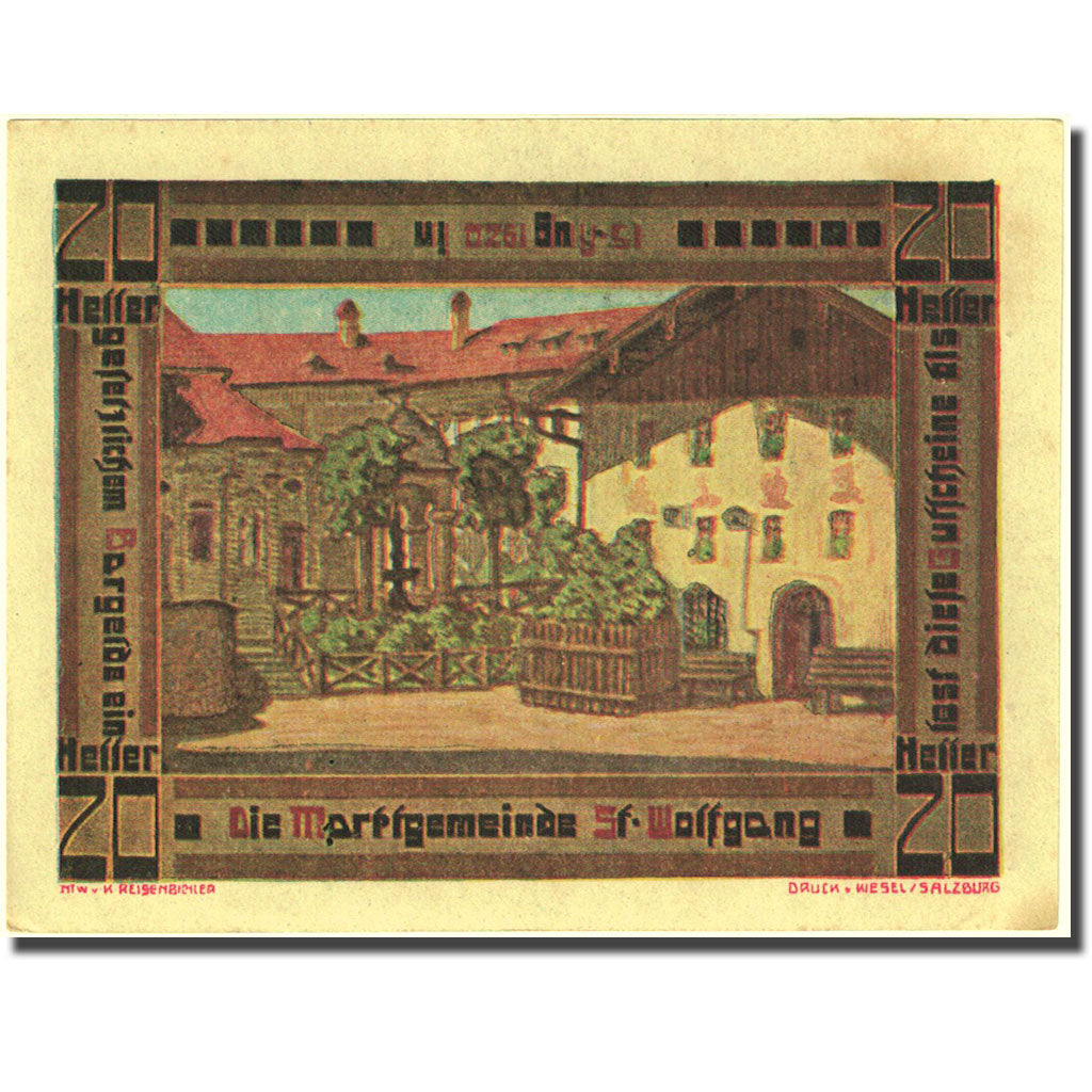 Banconote, Austria, St Wolfgang, 20 Heller, village, 1920 SPL- Mehl:FS 947a