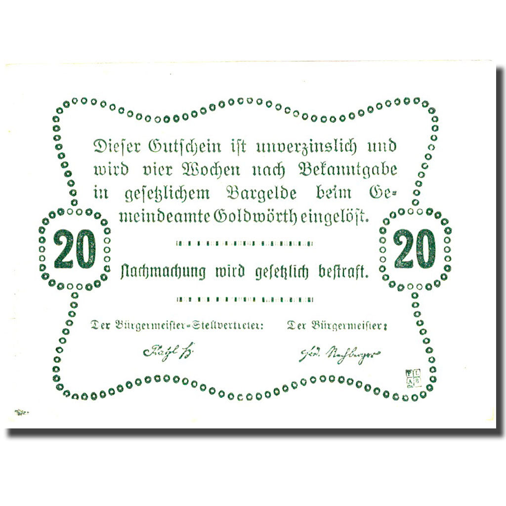 Banknote, Austria, Goldwörth, 20 Heller, ferme, 1920 UNC(63) Mehl:FS 248b