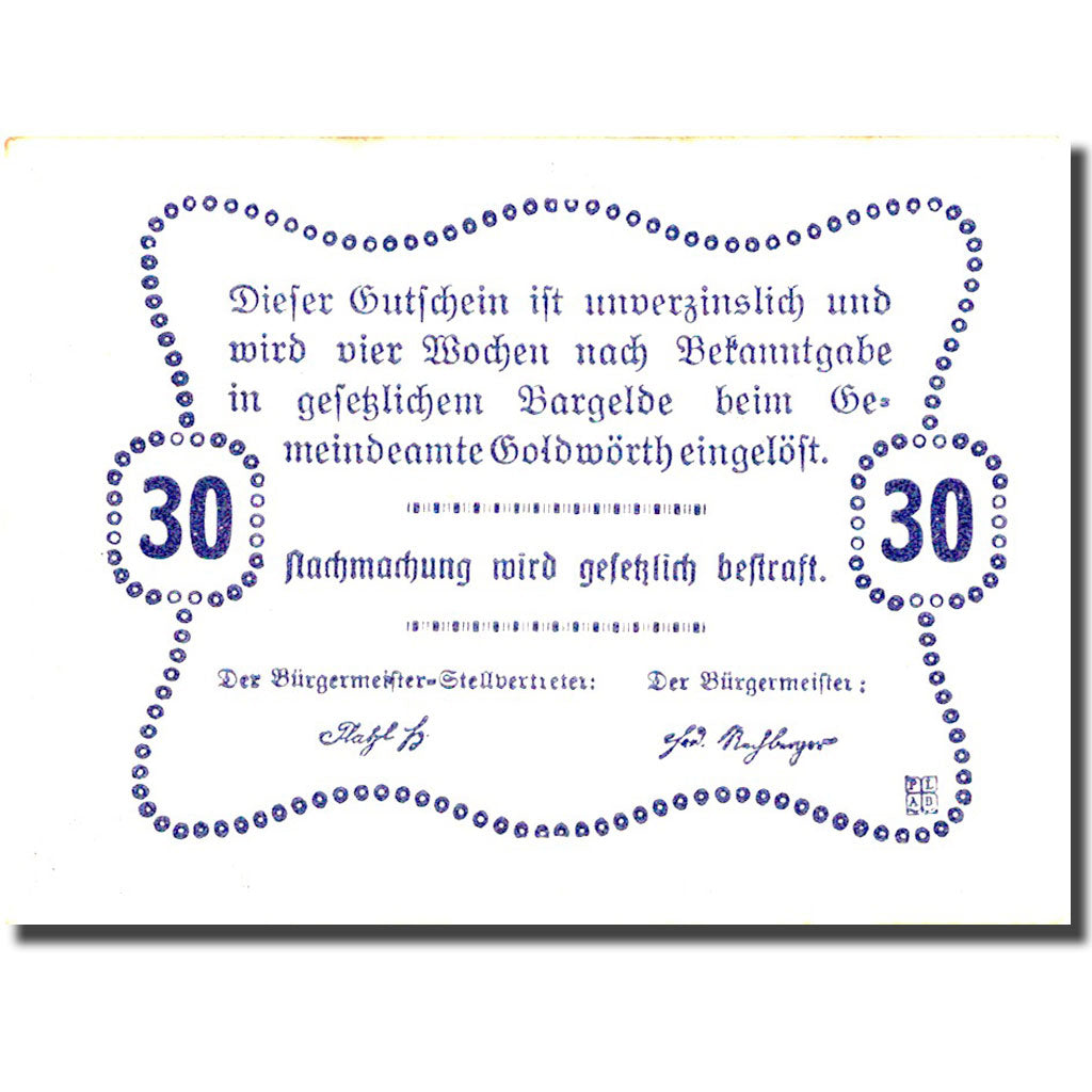 Banconote, Austria, Goldwörth, 30 Heller, Taverne, 1920 SPL- Mehl:FS 248b